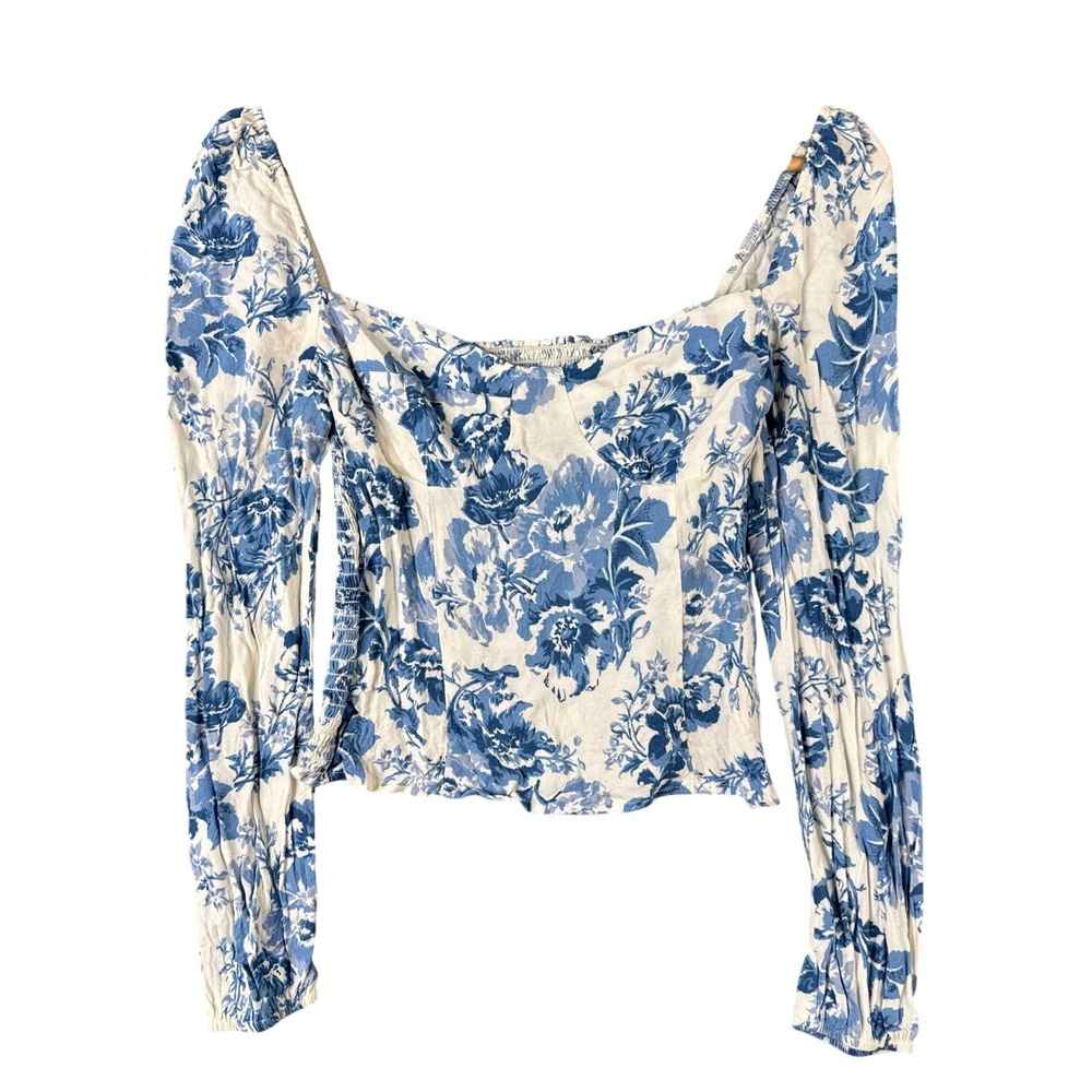 Reformation Jeany Top Blue White Floral Smocked Sweetheart Puff Sleeve Size 2